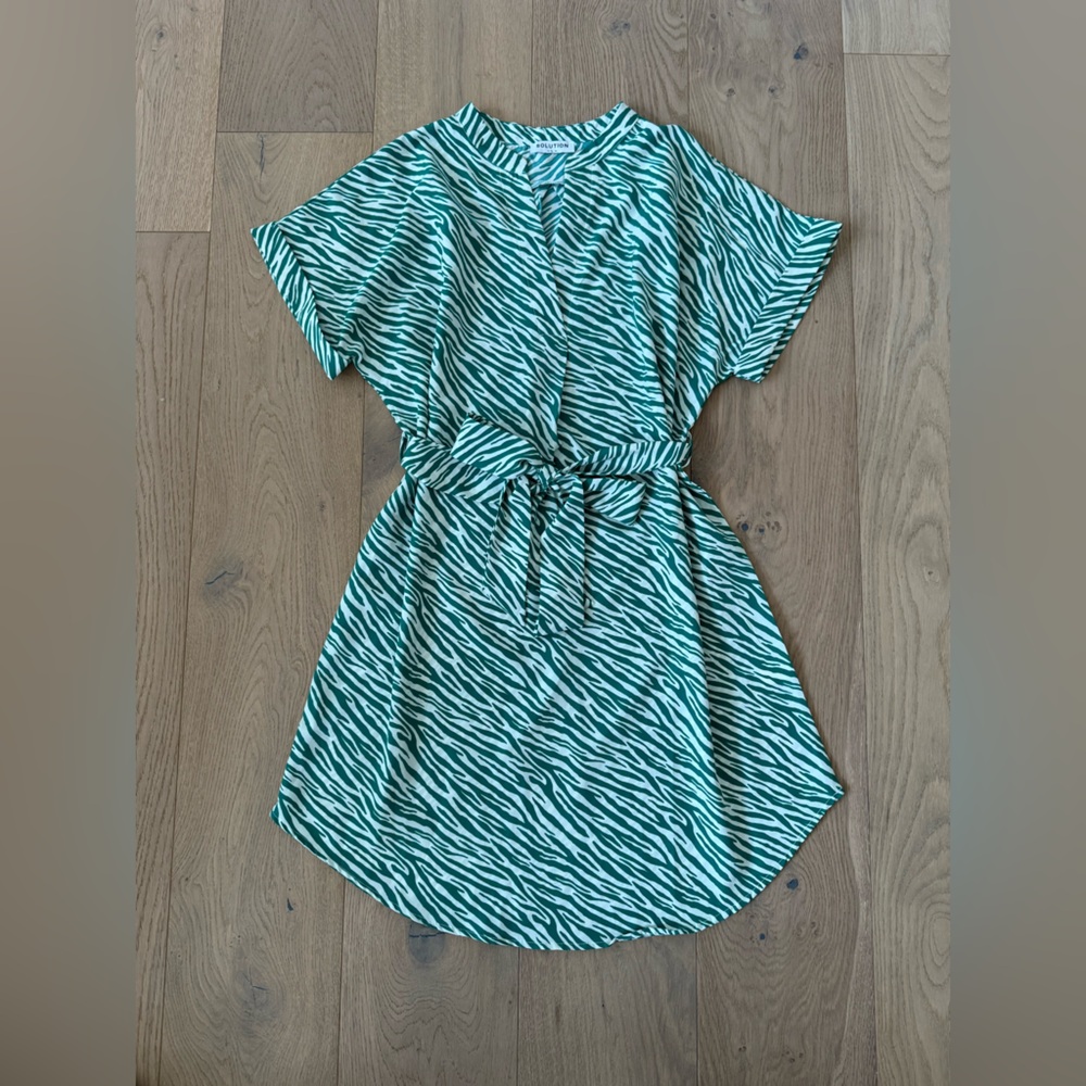 Green and white zebra print dress with tie-waist